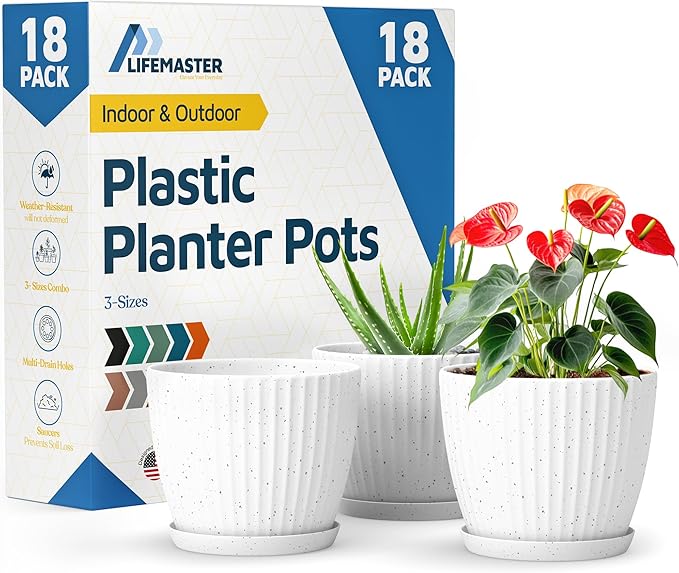 White Gray 6-Inch Plant Pots with Drainage & Saucers 18 Pack, Indoor & Outdoor Planters for Houseplants, Herbs, and Flowers, Durable & Weatherproof Material, Stackable, Lightweight, Minimalist Design