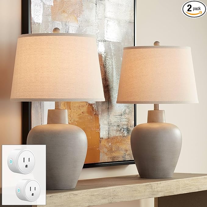 Regency Hill Glenn 27" Tall Urn Natural Cottage Southwestern Table Lamps Set of 2 WiFi Smart Socket Gray Terra Cotta Living Room Bedroom Bedside Nightstand House Office Home Reading Beige Shade