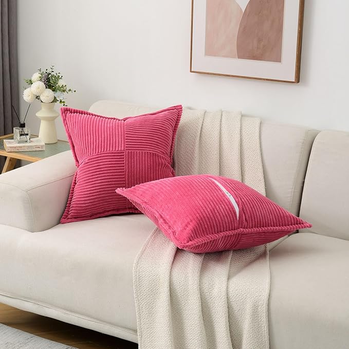 HAUSSY Hot Pink Throw Pillow Covers 20x20 Inch Set of 2,Soft Solid Corduroy Striped/Wide Bordered,Valentine Decor Pillows,Spring Home Decorations for Couch,Bed