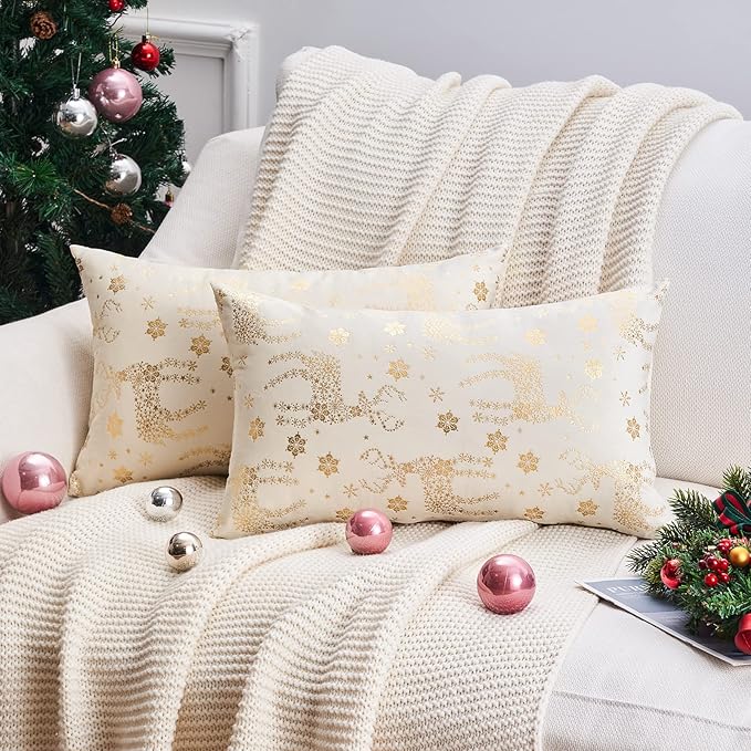 Topfinel Christmas Pillow Covers 12x20 Set of 2,Xmas Cream Velvet Snowflake Reindeer Decorative Pillow Case Winter Holiday Decor for Home Couch,White and Gold