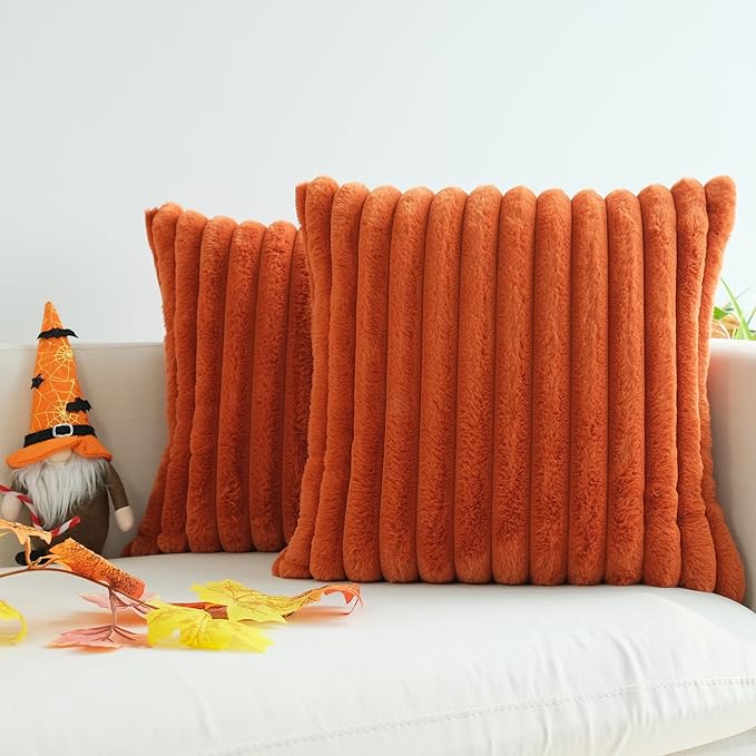 JOJUSIS Pack of 2 Faux Fur Plush Decorative Throw Pillow Covers Couch Cushion Case Soft Pillowcases Farmhouse Fall Home Decor (Rust, 24 x 24-Inch)