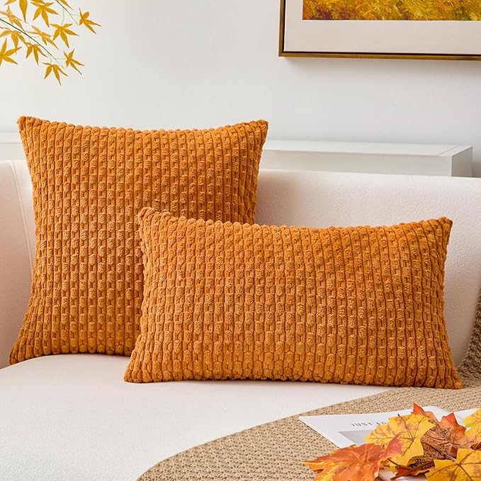 Kevin Textile Fall Throw Pillow Covers Soft Corduroy Decorative Set of 2 Boho Striped Pillow Covers Pillowcases Farmhouse Home Decor for Couch Bed Sofa Living Room 22x22 Inch Orange Yellow