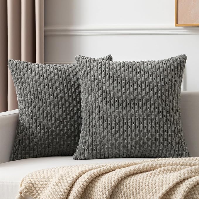 Kevin Textile Corduroy Striped Soft Soild Decorative Square Throw Pillow Covers Set Cushion Cases Pillowcases for Sofa Bedroom 2 Pcs 24x24 Inch Dark Grey