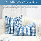 Boho Decorative Throw Pillow Covers 18x18 Inch, Chenille Tufted Pillow Cover Striped Textured Square Farmhouse Accent Pillowcase for Couch Sofa Bedroom Living Room, Blue White Stripe, 2 Pack