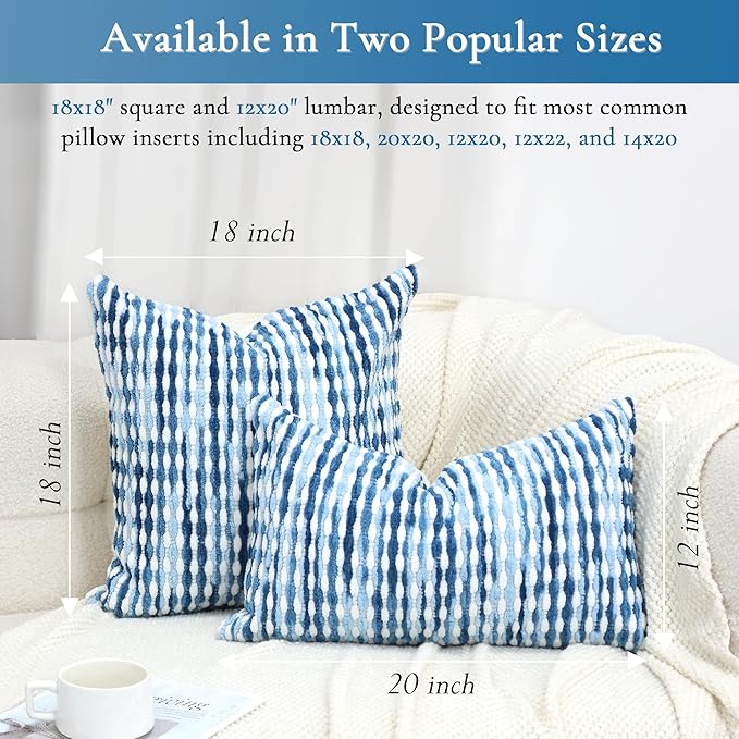 Boho Decorative Throw Pillow Covers 18x18 Inch, Chenille Tufted Pillow Cover Striped Textured Square Farmhouse Accent Pillowcase for Couch Sofa Bedroom Living Room, Blue White Stripe, 1 Pack