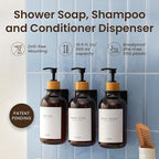 MaisoNovo Shampoo and Conditioner Dispenser - Shower Soap Dispenser Wall Mounted - 16.9 fl oz Set of 3 Amber Plastic Bottles Black Bamboo Pump - Shampoo Dispenser, Shower Dispenser 3 Chamber No Drill