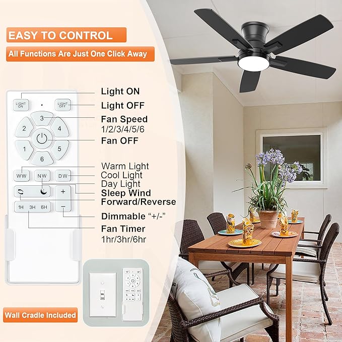 YUHAO 42 Inch Flush Mount Black Ceiling Fan with Light and Remote Control.Noiseless,Dimmable,3CCT,6 Speeds Reversible, Low Profile DC Ceiling Fans for Indoor Use