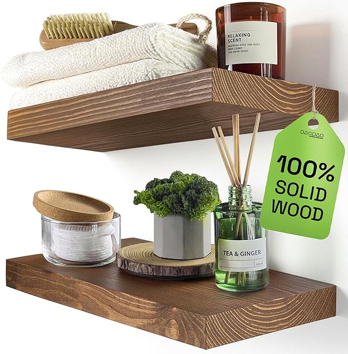 BAOBAB WORKSHOP Solid Wood Floating Shelves for Wall 12 Inch Wide, Small Wooden Shelf Kitchen, Bathroom Shelves for Room Wall Mounted Rustic Farmhouse, Walnut Floating Shelves, 12W × 6.7D, Set of 2