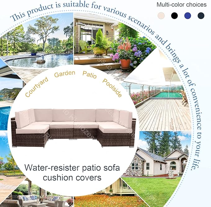 14 PCs Patio Cushion Covers for 7 PCs Outdoor Furniture Sectional Seating Sets Water Resistant Plus 2 Throw Pillows (Khaki, 24.8(L)*24.8(W)*3.14(T) inches)