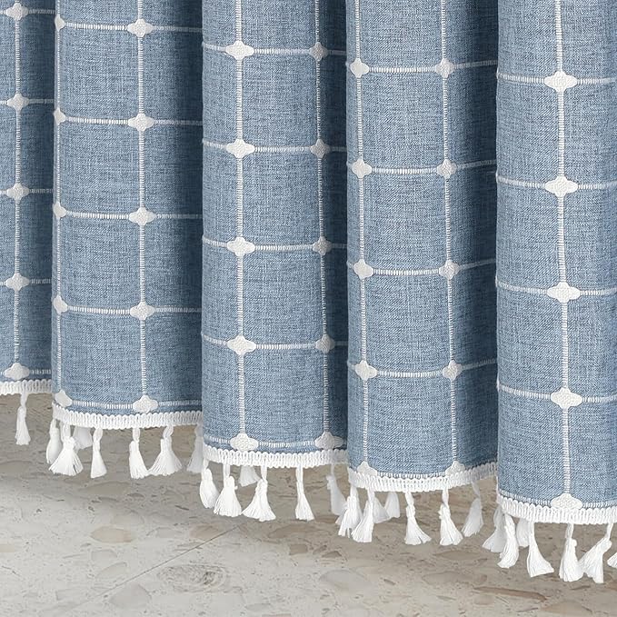 MitoVilla Blue Boho Extra Long Shower Curtain 72 x 84, Modern Farmhouse 84 inch XL Polyester Linen Texture Tassel Fabric Shower Curtain Set with Hooks for Cottagecore Country Bathroom Decor