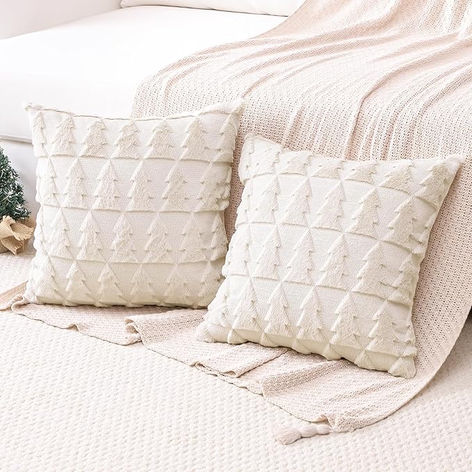 OTOSTAR Set of 2 Soft Plush Short Wool Velvet Decorative Throw Pillow Covers Square Luxury Style Cushion Case Pillow Shell for Sofa Bedroom Christmas Tree Cream Beige, 28x28 Inch