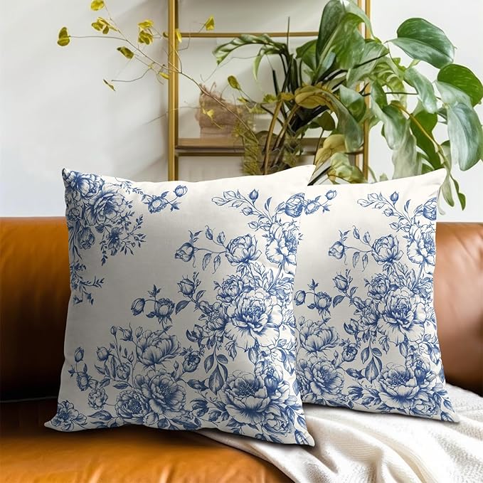 Blue White Flowers Pillow Covers 20x20 Inch, Set of 2 Vintage Floral Chinoiserie Style Decorative Throw Pillowcases Square Cushion Cover for Couch Sofa Bed Farmhouse Home Decor