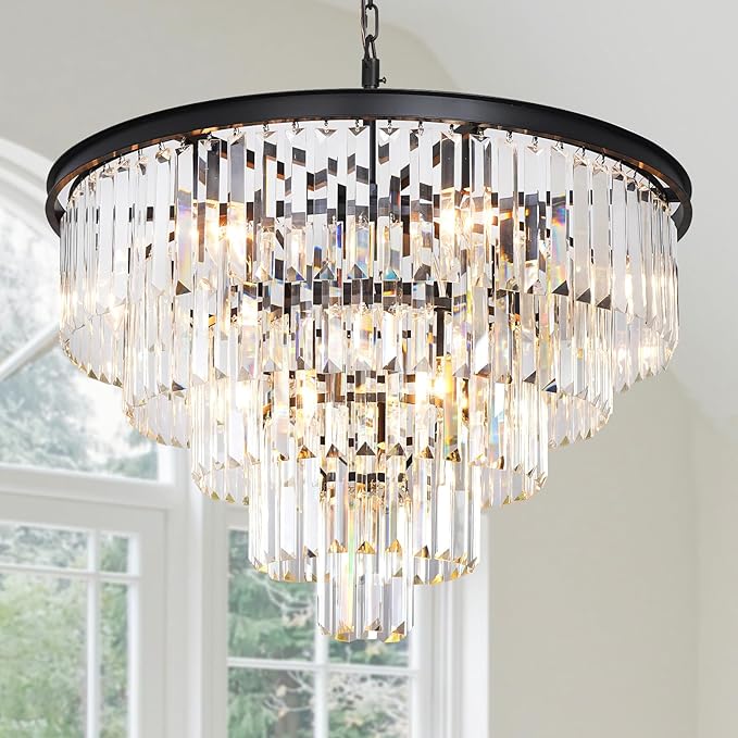 Black Crystal Chandeliers for Dining Room, 27.6" Modern Luxury Chandelier 5-Tier 10 Lights Contemporary Top K9 High Ceiling Pendant Light Fixture for Staircase Dining Living Room Foyer
