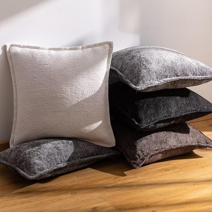 Black Decorative Throw Pillow Covers 24x24 Inch Set of 2 Cozy Soild Chenille Cushion Cases Soft Textured Square Couch Pillows Cover Boho Accent Farmhouse Pillowcases for Sofa Bed