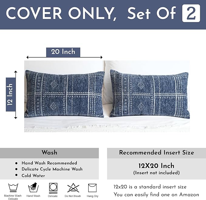 BlissBlush Dark Blue Decorative Lumbar Throw Pillow Covers 12X20, Set of 2, Boho Farmhouse Cushion Cover, Soft Accent Pillowcase for Couch Sofa Bed Living Room Home Décor