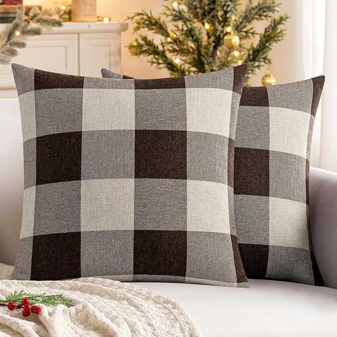 MIULEE Pack of 2 Classic Farmhouse Buffalo Check Plaids Polyester Linen Soft Soild Decorative Square Throw Pillow Covers Home Decor Outdoor Cushion Case for Sofa Bedroom 18 x 18 Inch, Brown and White