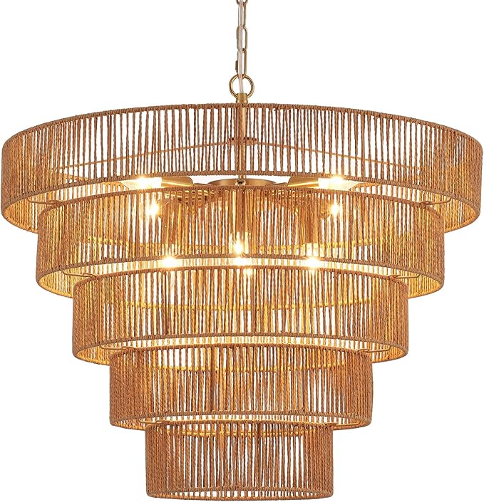 25.6" Large Rattan Chandelier Vintage Farmhouse 8-Lights Boho Hand-Woven Bamboo Chandeliers Light Fixture Drum Wicker Rattan Golden Chandelier for Dining Room, Kitchen, Living Room, Bedroom