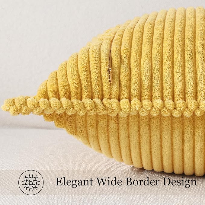Mecatny Corduroy Throw Pillow Covers 12x20 Set of 2, Neutral Decorative Soft Boho Lumbar Couch Pillow Covers with Broadside for Sofa Living Room, Mustard Yellow