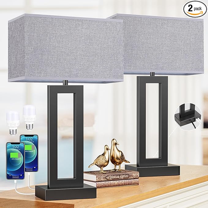 22" Tall Modern Living Room Lamps - Touch Bedside Lamps with USB C+A, 3 Way Dimmable for End Tables - Set of 2 (Grey & Black)