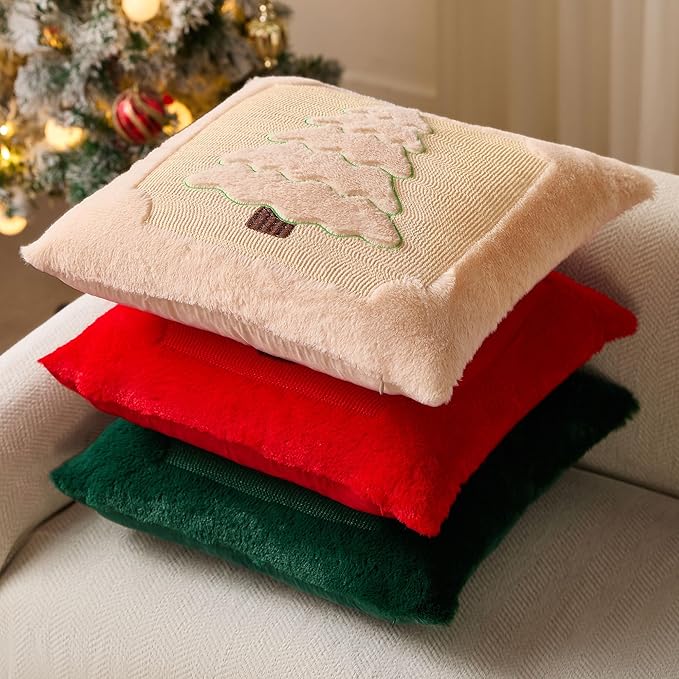 DFXSZ Christmas Pillow Covers 18x18 Yellow Line Green Christmas Tree Decoration Soft Plush Faux Fur Jacquard Throw Pillows for Bedroom Sofa Holiday Festivals Winter Home Decor PTK062A18