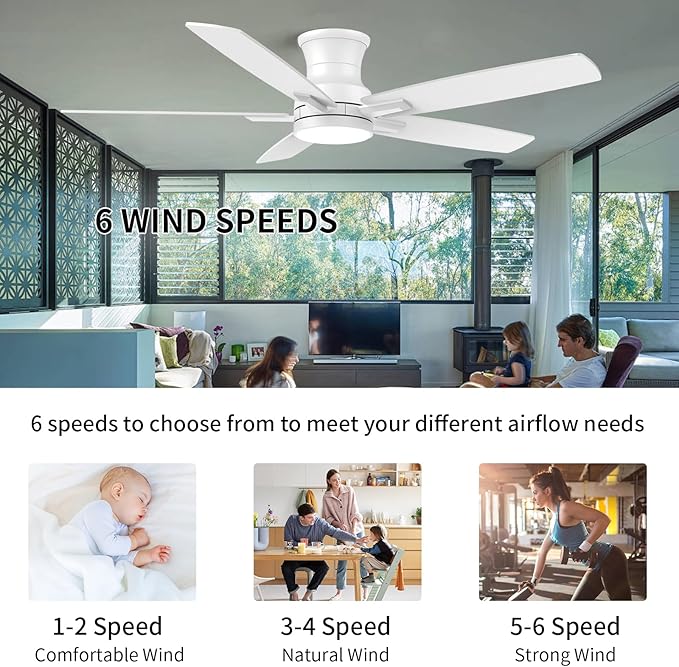 YUHAO 52 Inch Flush Mount White Ceiling Fan with Light and Remote Control.Noiseless,Dimmable,3CCT,6 Speeds Reversible, Low Profile DC Ceiling Fans for Indoor Use