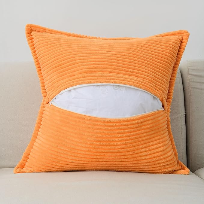 HAUSSY Orange Throw Pillow Covers 20x20 Inch Set of 2,Soft Solid Corduroy Striped/Wide Bordered,Square Decorative Cushion Case,Spring Home Decorations for Couch,Bed