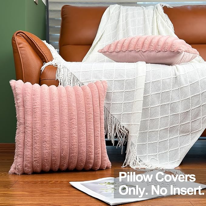 16x16 Throw Pillow Covers Set of 2, Decorative Faux Fur Covers for Bed, Couch Soft Fluffy Pillow Cover with Velvet Back for Living Room, Neutral Home Décor Accent for Sofa - Pink
