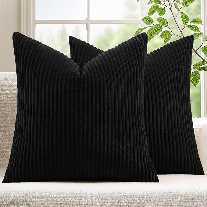 Mecatny Corduroy Decorative Throw Pillow Covers 24x24 Set of 2 for Sofa Living Room, Soft Neutral Boho Couch Pillow Covers for Home Decor, Black