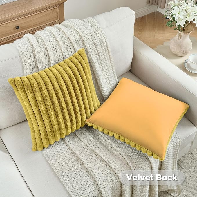 FUTEI Mustard Yellow Striped Decorative Throw Pillow Covers 22x22 Inch Set of 2,Square Winter Decorations Couch Pillow Case,Soft Cozy Faux Rabbit Fur & Velvet Back,Modern Home Decor for Bed