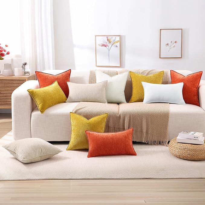 decorUhome Couch Throw Pillow Covers 22x22 Set of 2, Decorative Soft Euro Neutral Chenille Pillow Covers with Elegant Design for Sofa Bed Living Room Home Decor, Mineral Yellow