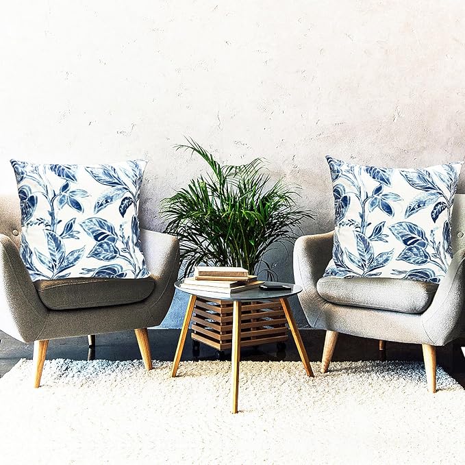Decorative Throw Pillow Covers Set of 2 Blue Leaves Pillow Covers 16x16 inch Super Soft Short Plush Square Floral Throw Pillows,Farmhouse Outdoor Pillow Covers for Couch Bed Living Room