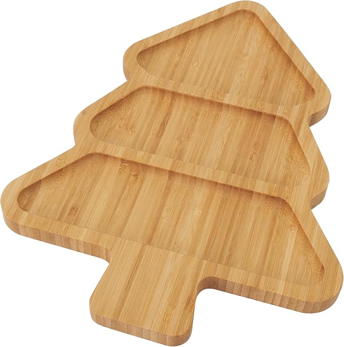 TJ POP Christmas Tree 3-Compartment Serving Platter - 12” x 9” Snack & Dessert Wooden Food Tray, Natural Bamboo Serving Tray Cute Charcuterie Board for Holiday Parties, Cheese, Fruits, Candy Display