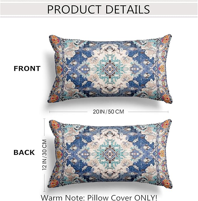 Snycler Boho Throw Pillow Covers 12x20 inch Set of 2 Boho Rug Carpet Double Sided Pattern Cotton Soft Pillow Case Cushion Cover Pillowcase for Couch Sofa Bed Decorative (Blue)