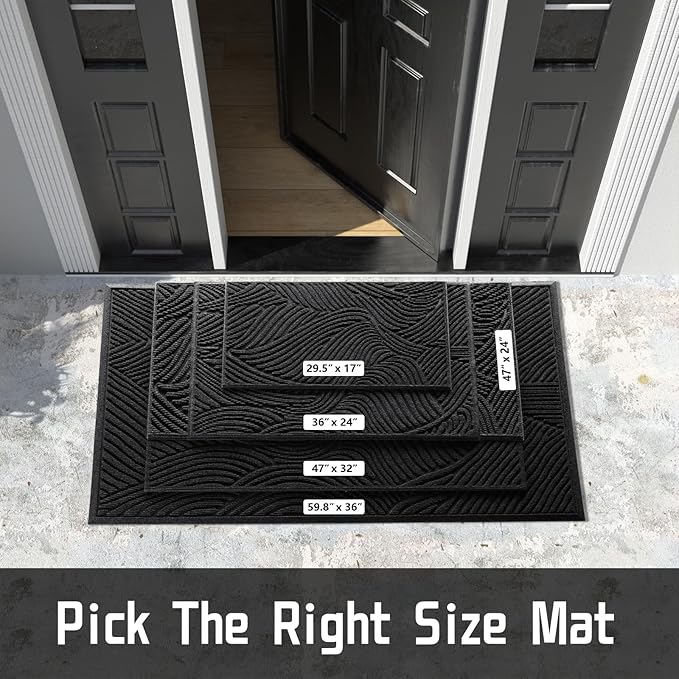 Yimobra Doormat Outdoor Entrance 29.5x17, All-Weather Waterproof Art Line Outdoor Mats for Front Door, Heavy Duty Non-Slip Welcome Matt for Garage Patio Proch Entryway Indoor, Black