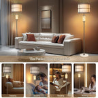 Natural Alabaster Floor Lamp, Lamps for Bedroom, Tall Lamp with Night Light, Marble Base, Linen Shade,Living Room Lamp, Standing Lamp for Living Room Bedroom Office - Brown (Bulb Included)