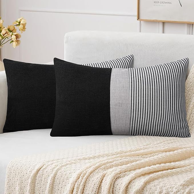 Adabana Stripe Pillow Covers 12x20 Set of 2 Square Patchwork Linen Decorative Lumbar Throw Pillow Covers Modern Farmhouse Decor Pollowcases for Couch Sofa Bedroom,Black Stripe