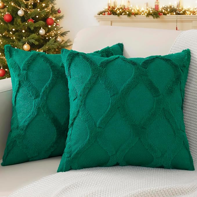 decorUhome Christmas Throw Pillow Covers 22x22 Inch Set of 2, Soft Plush Faux Fur Wool Green Couch Pillow Covers, Decorative Neutral Pillow Cases for Bed Sofa Living Room Home Decor