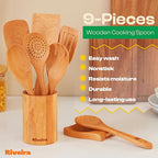 Riveira Cherry Wooden Cooking Utensils Set of 9 Premium Quality, Non-Toxic, Heat-Resistant Wooden Spoons and Spatulas for All Cookware