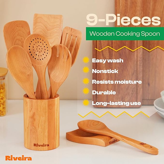 Riveira Cherry Wooden Cooking Utensils Set of 9 Premium Quality, Non-Toxic, Heat-Resistant Wooden Spoons and Spatulas for All Cookware