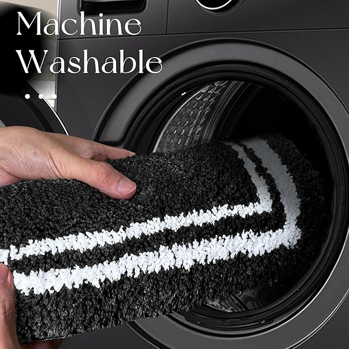Tititex Luxury Black White Frame Line Bathroom Rug, 24x36 inch Extra Soft and Absorbent Microfiber Bath Rugs, Non-Slip Plush Shaggy Bath Carpet, Bath Mats for Bathroom Floor, Tub and Shower