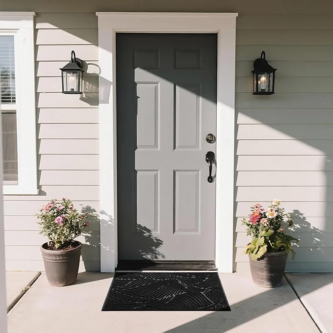 Yimobra Doormat Outdoor Entrance 29.5x17, All-Weather Waterproof Art Line Outdoor Mats for Front Door, Heavy Duty Non-Slip Welcome Matt for Garage Patio Proch Entryway Indoor, Black