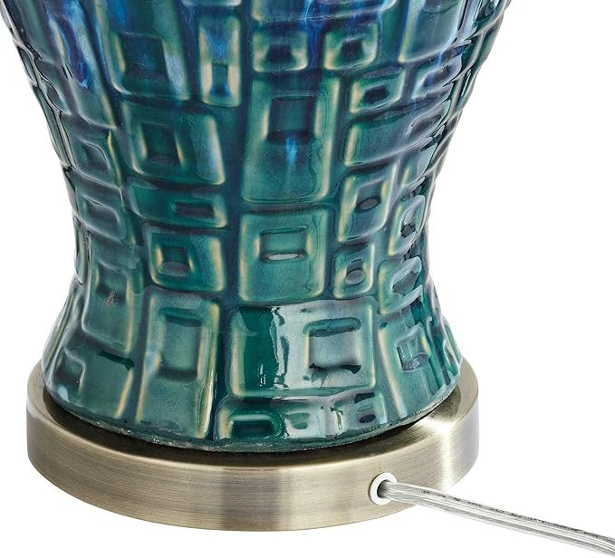 Possini Euro Design Asian Modern Table Lamp 27" Tall Teal Glaze Textured Ceramic Temple Jar White Tapered Drum Shade for Bedroom Living Room House Home Bedside Nightstand Office Entryway Family