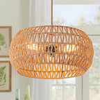 Rattan Light Fixture Dinning Room Pendant Light Boho Chandelier Hanging Light Ceiling Mount Hand Woven Lamp Shade 3-light Drum Chandelier Basket Light for Bedroom Hallway Kitchen Island Light Fixture
