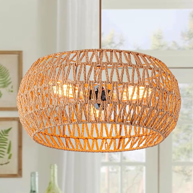 Rattan Light Fixture Dinning Room Pendant Light Boho Chandelier Hanging Light Ceiling Mount Hand Woven Lamp Shade 3-light Drum Chandelier Basket Light for Bedroom Hallway Kitchen Island Light Fixture