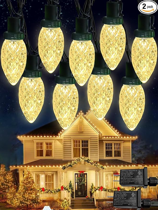 2 Pack 66FT 100LED Extendable C9 Christmas Lights Outdoor/Indoor, Waterproof Christmas String Lights Plug in, Green Wire LED Fairy Lights for Xmas Tree Garden Patio Wedding Party Decor (Warm White )
