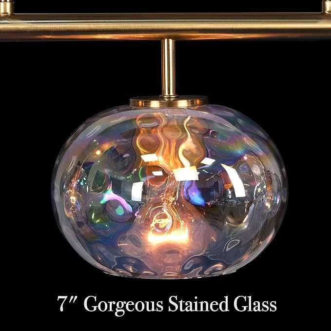 47" W Brass Chandelier Light Fixture with Stained Glass Shade, Modern Brushed Gold Island Lighting for Kitchen Dining Room