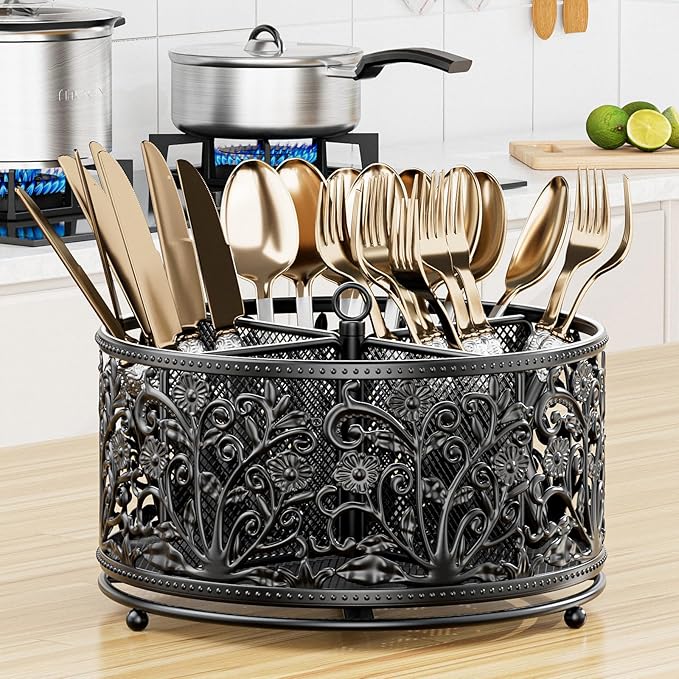 360° Rotating Utensil Caddy - Silverware Cutlery Caddy Holder with 4 Compartment, Metal Flatware Organizer Countertop with Handle for Party Camping Picnic, Kitchen Counter, Office (Black)