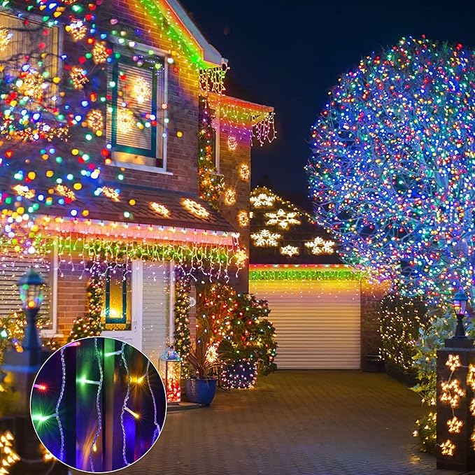 32.8ft 400 LED Icicle String Lights, 8 Modes Waterproof Icicle Christmas Lights Outdoor with Memory Function, Curtain Fairy Lights Hanging Decor for Home, Party, Christmas & Halloween (Multicolor)