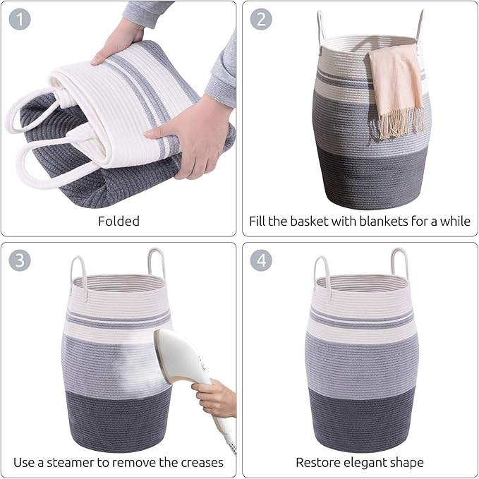 YOUDENOVA 105L Extra Large Woven Laundry Hamper Basket with Heavy Duty Cotton Rope Handles for Clothes and Toys in Bedroom, Nursery Room, Bathroom, Collapsible, Dark Grey