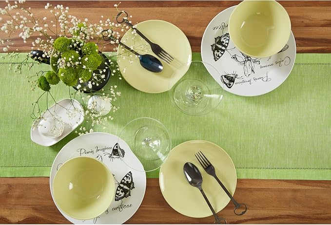 Solino Home Linen Table Runner 72 Inches Long - 100% Pure Linen Chambray Lime Green Table Runner 14 x 72 Inch - Milan Hemstitch